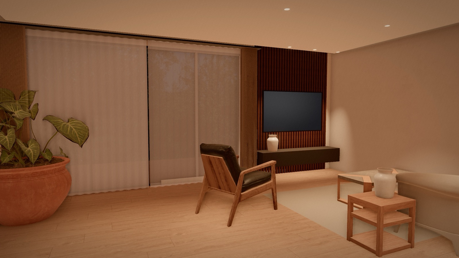 Living room at dusk with sheer curtains drawn and warm cove lighting