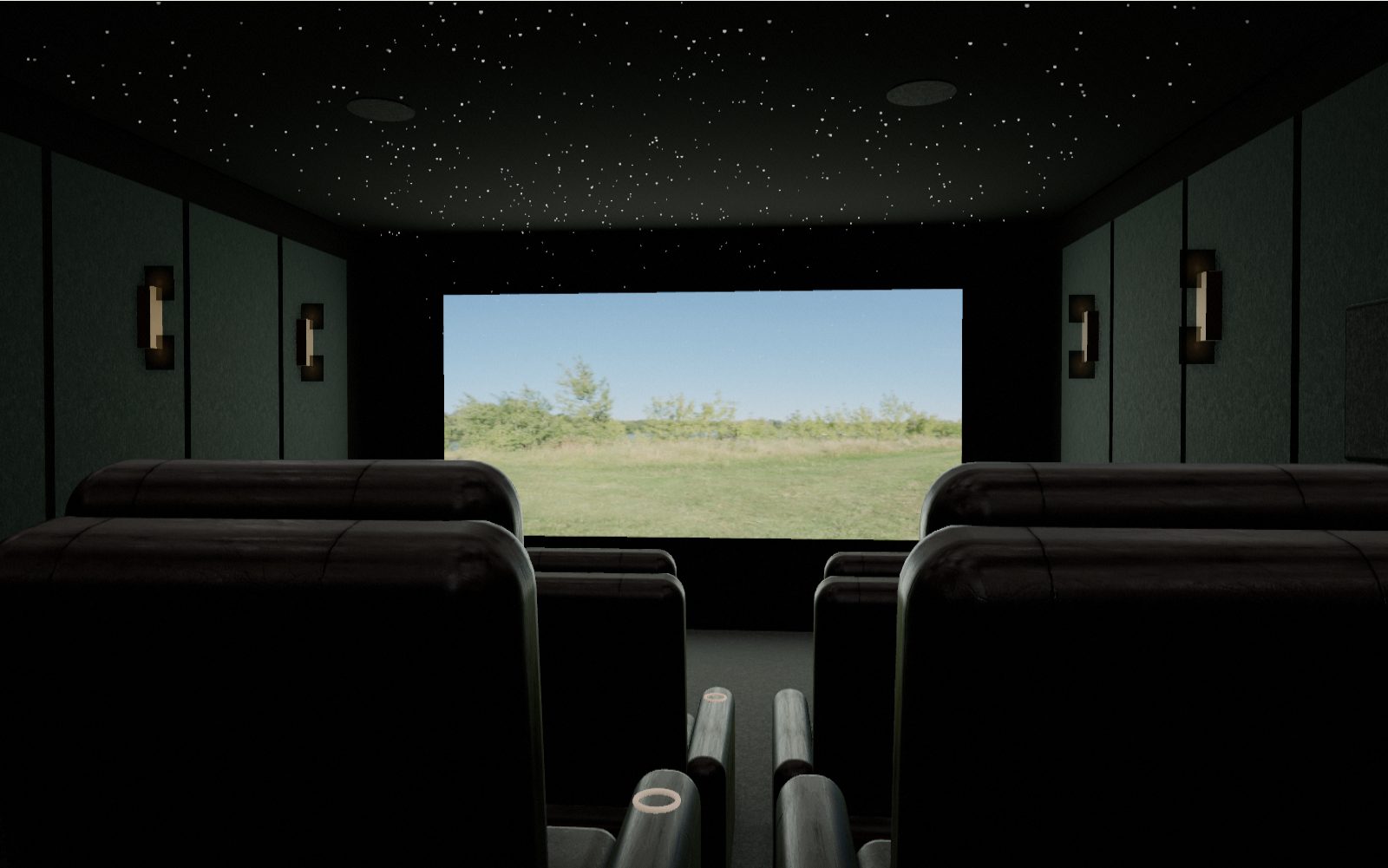 Private cinema with star ceiling, velvet wall panels and leather recliners facing the screen