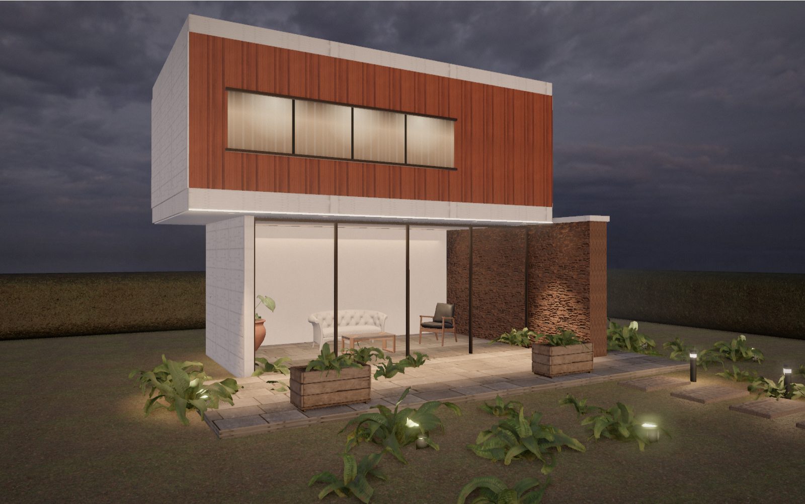 Modern villa at dusk with soffit downlights, lit stone wall and garden lighting